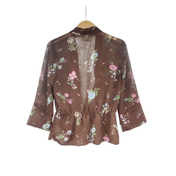 Old Navy Brown Floral Flutter Sleeve Fairy Sheer Tie Front Cardigan Womens M - Picture 3 of 5